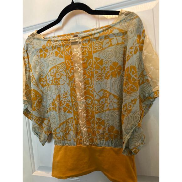 Free People Blouse Women's Size 6 Yellow Floral Boat Neck Short Sleeve Boho Top - Picture 4 of 9